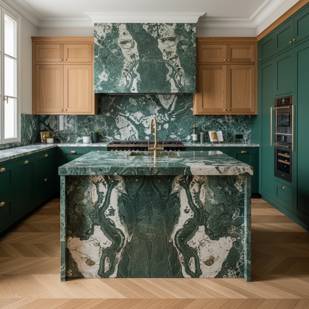Cuisine haut de gamme rénovée à Paris, quartzite vert Patagonia